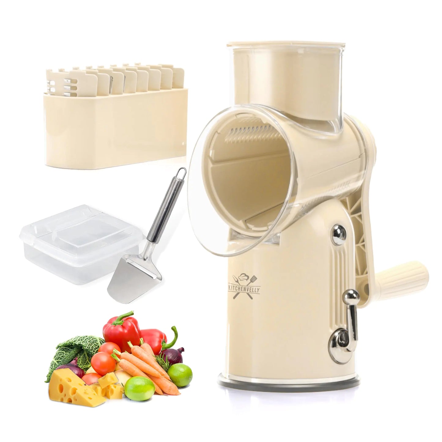5-in-1 Rotary Cheese Grater with Hand Crank – Multi-Functional Food Slicer Shredder & Grater for Cheese Vegetables Nuts – Easy-Clean Vegetable Grater Cheese Shredder & Food Shredder (Beige)
